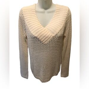 Boston Proper Open Loose Weave V~ Neck Sweater Sz. S Cream Spring Summer Casual